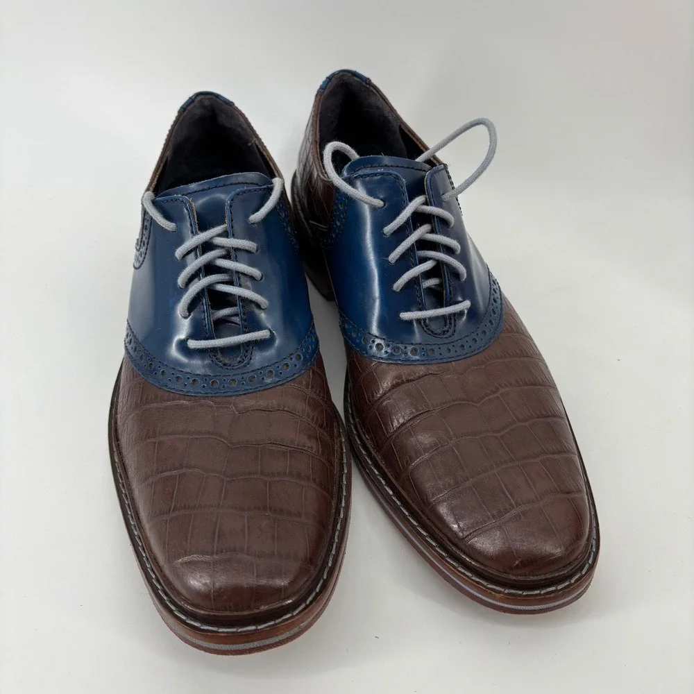 Cole Haan Mens Oxford Shoes 8.5 Brown Blue Croc Embossed Leather Brogue Wingtip